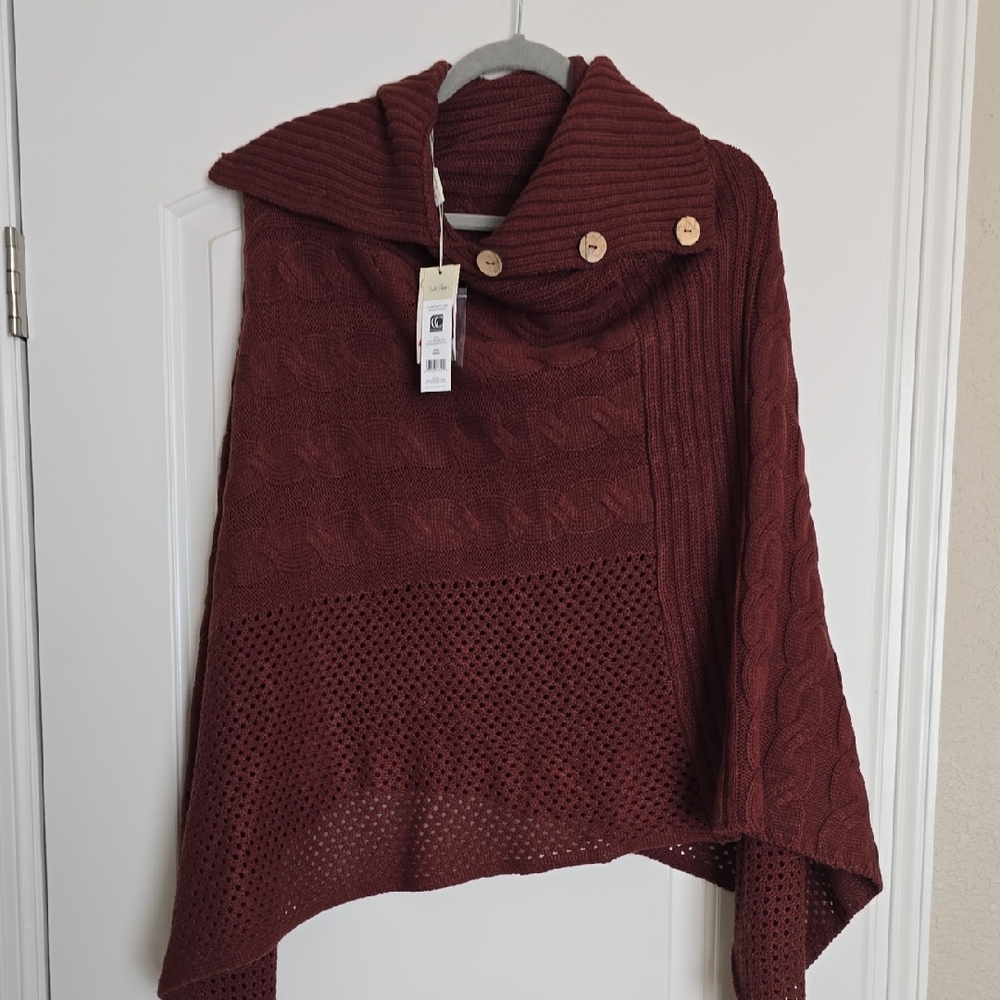 Charlie Paige Cable Knit Poncho - Deep Brown/wine